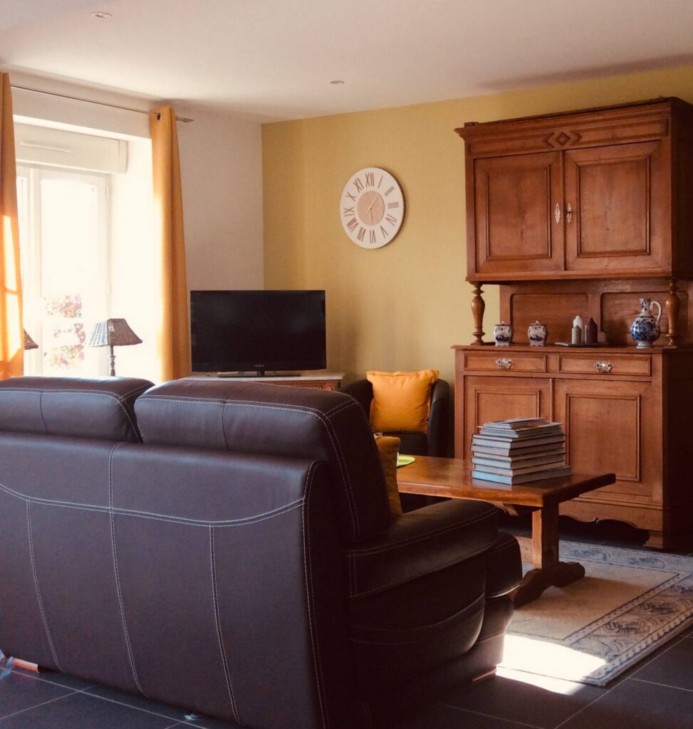 Salon confortable et lumineux du gîte avec canapé et télévision dans le Cher